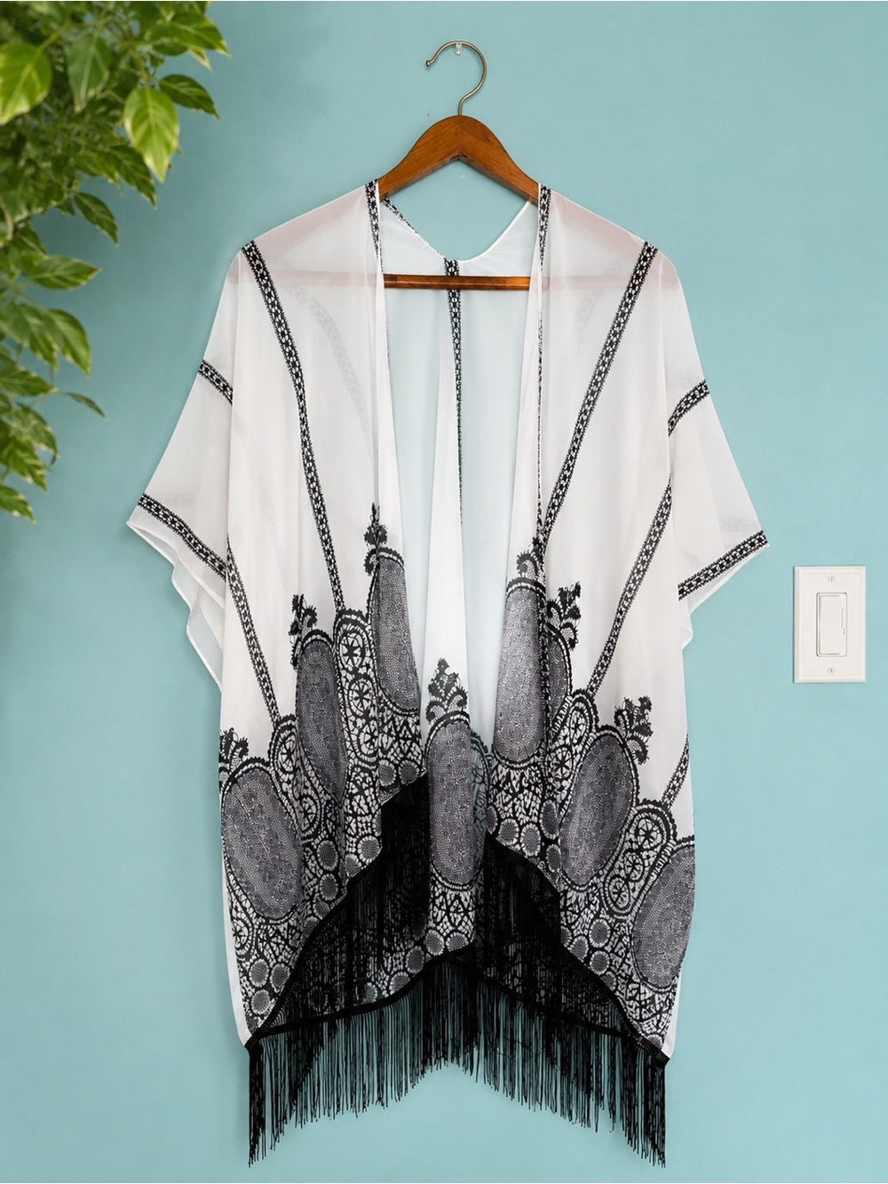 NWT Cruise Club White Black Lace Print Fringe Kimono Cover Up One Size